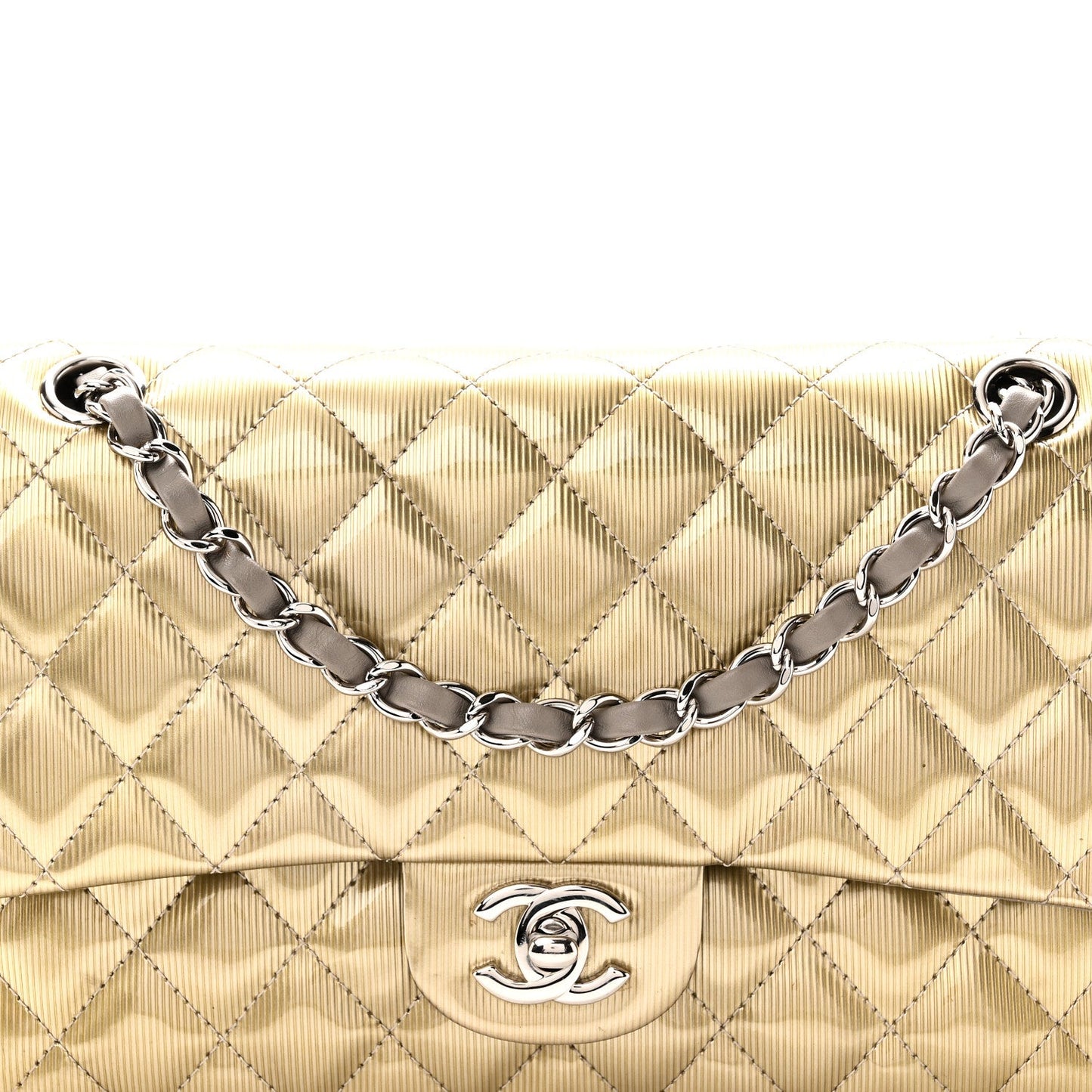 Striated Patent Quilted Medium Double Flap Gold