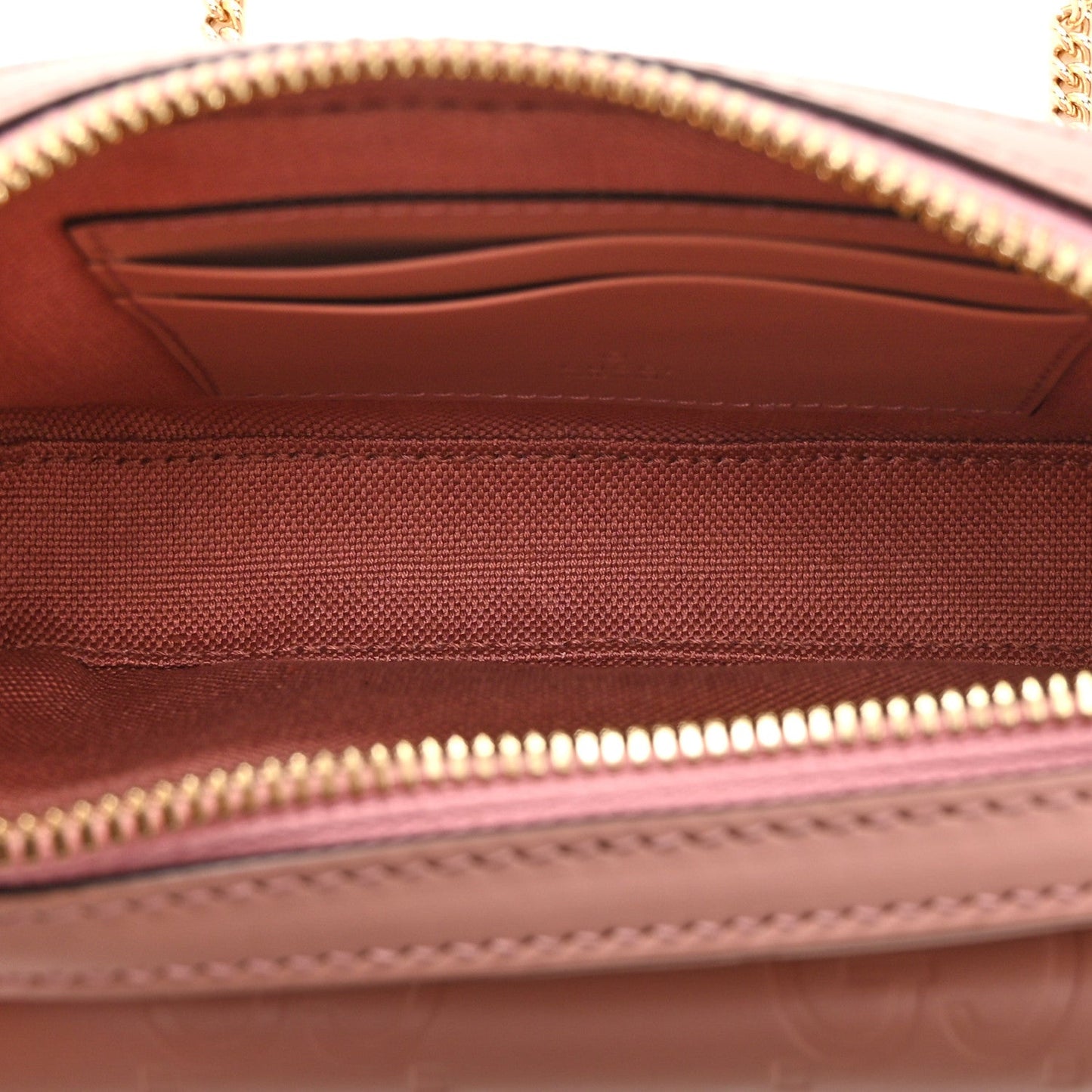 Calfskin GG Super Mini Debossed Chain Wallet Dust Carmine