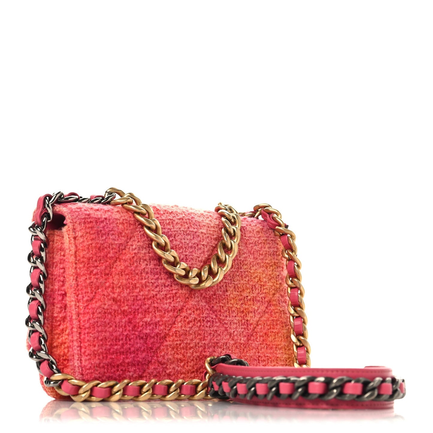 Wool Tweed Lambskin Quilted Chanel 19 Wallet On Chain WOC Coral Pink