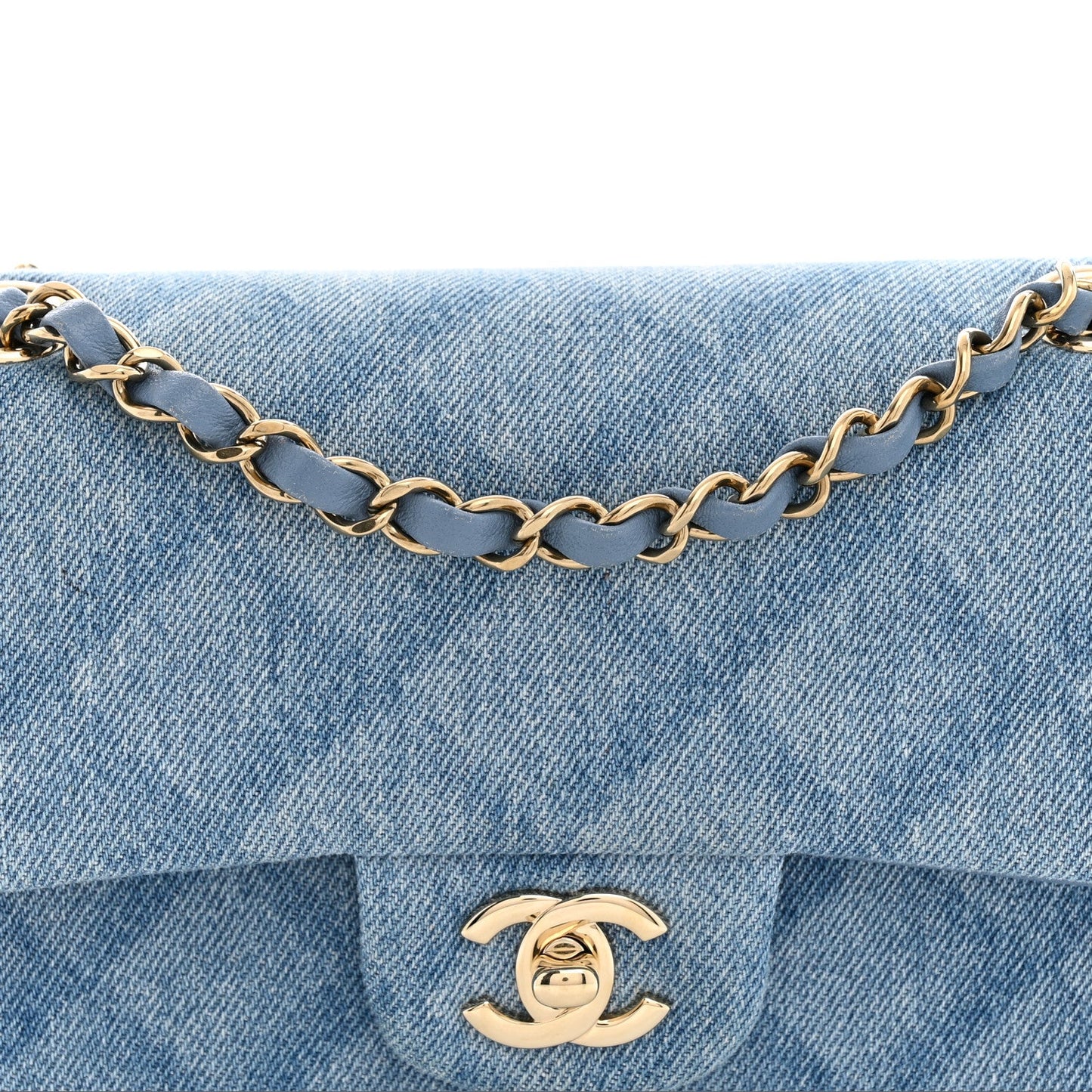 Printed Denim Quilted Small Double Flap Light Blue