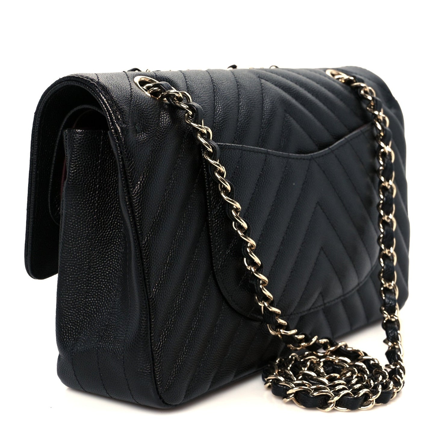 Caviar Chevron Quilted Medium Double Flap Black