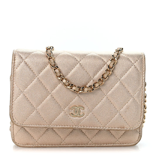 Metallic Lambskin Quilted Mini Wallet On Chain WOC Gold