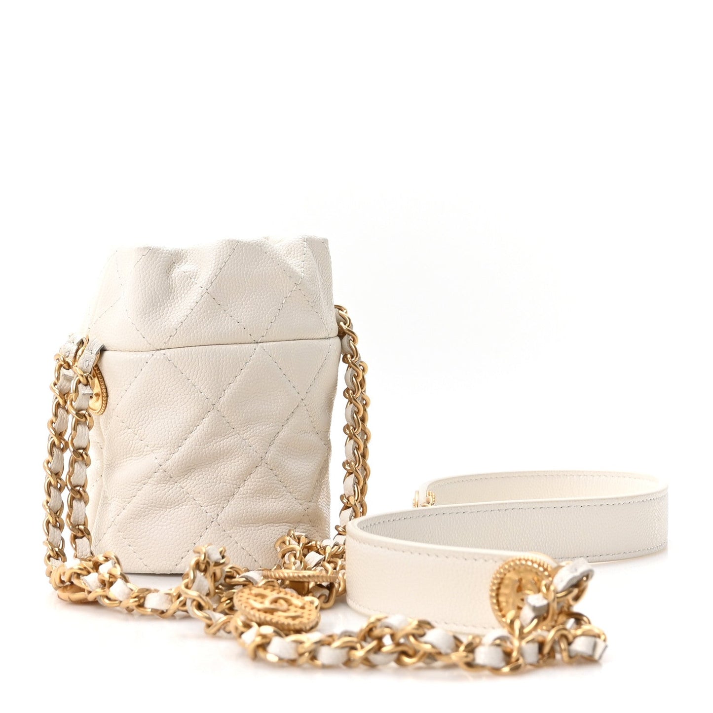 Caviar Quilted Twist Your Buttons Mini Bucket Bag White