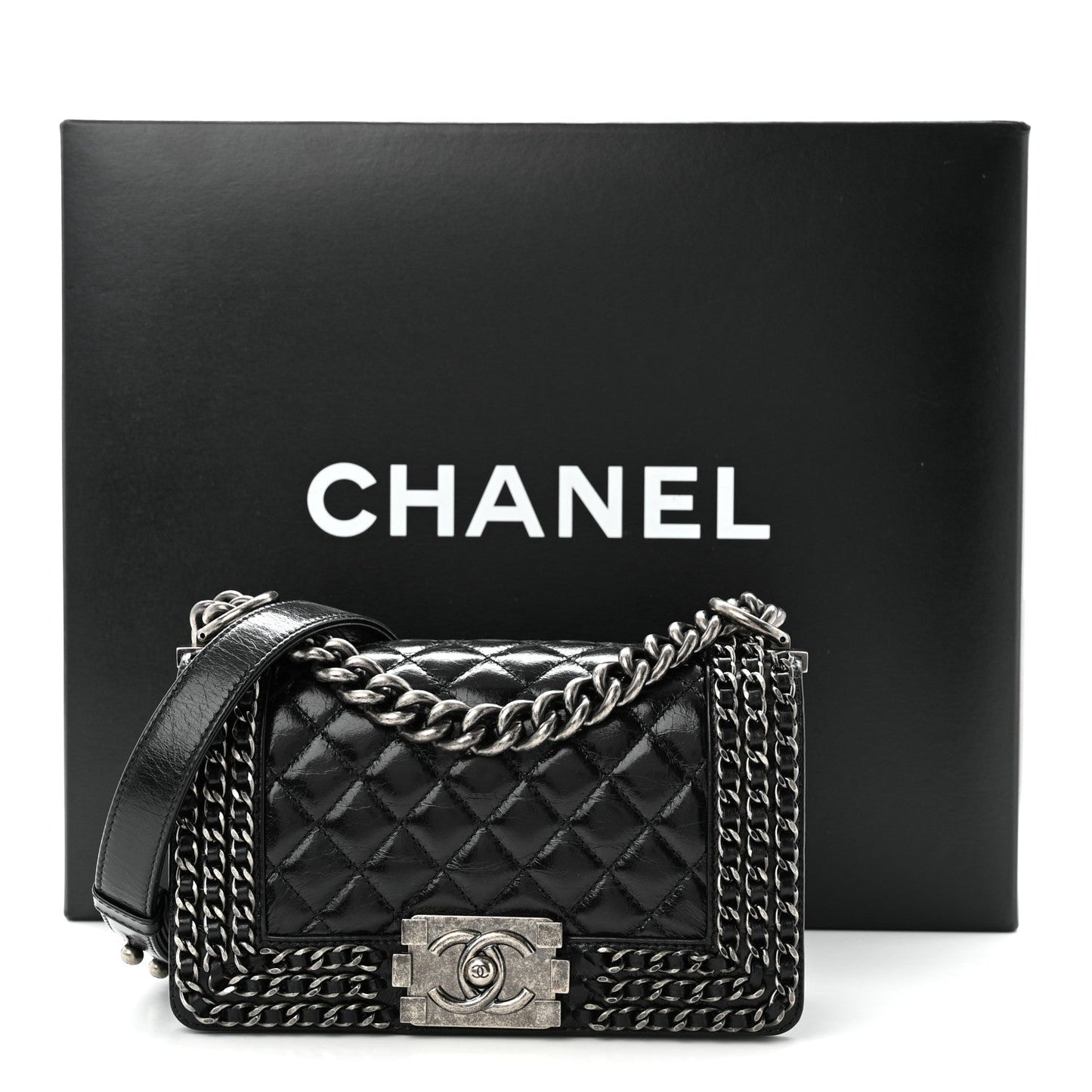 Glazed Calfskin Quilted Small Boy Chained Flap Black