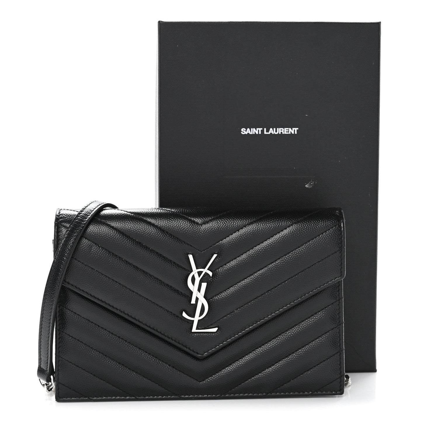 Grain De Poudre Matelasse Chevron Monogram Envelope Chain Wallet Black