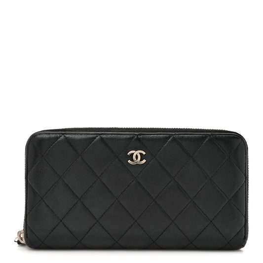 Lambskin Quilted Large Gusset Zip Around Wallet Black