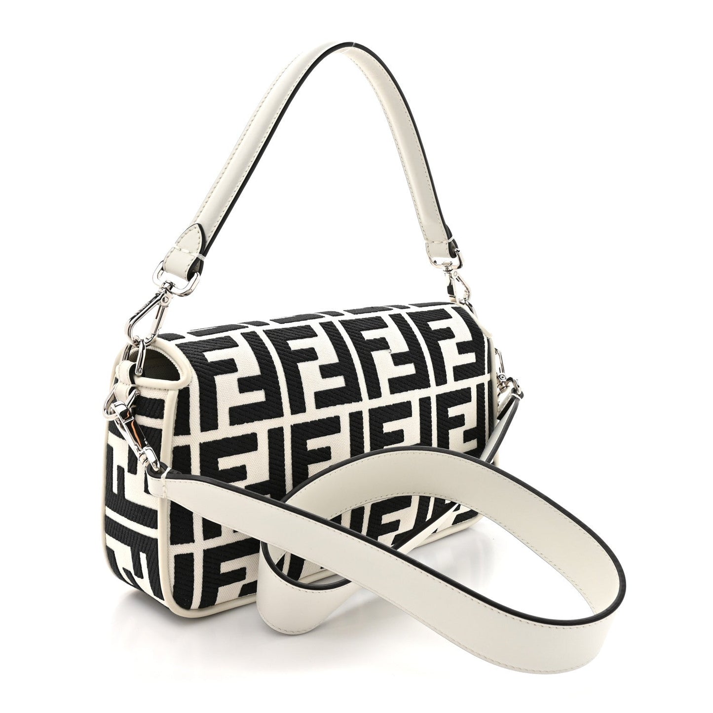 Canvas Vitello King FF Embroidered Baguette White Black