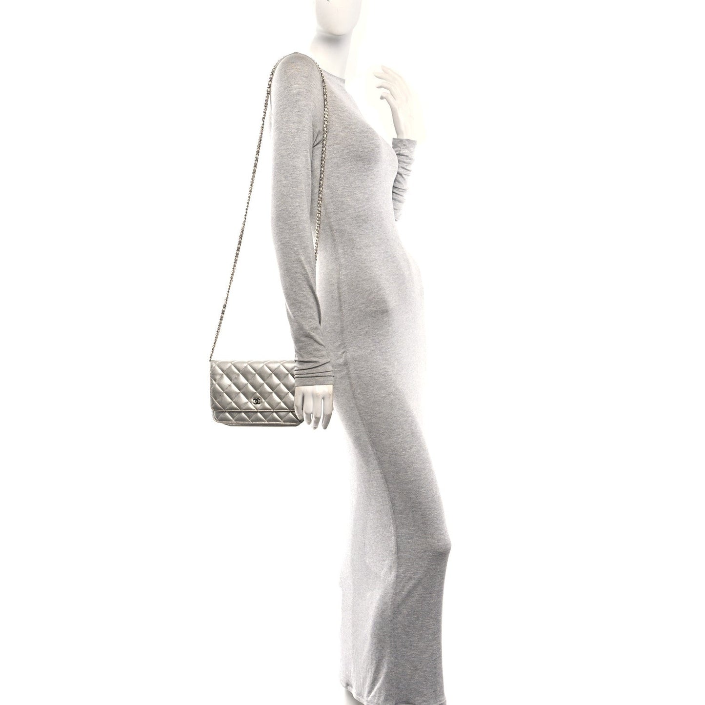 Metallic Lambskin Quilted Wallet On Chain WOC Silver
