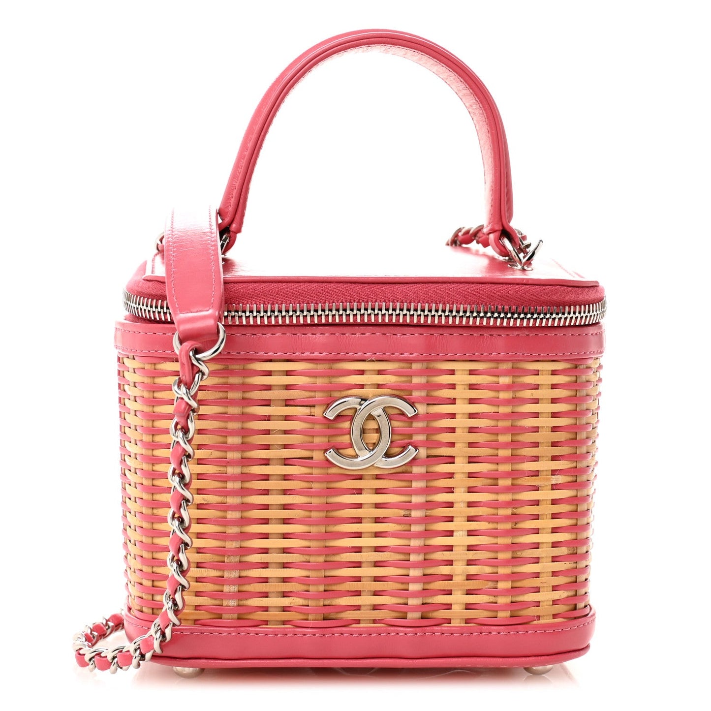 Calfskin Raffia Small Take Away Vanity Case Bag Pink Beige