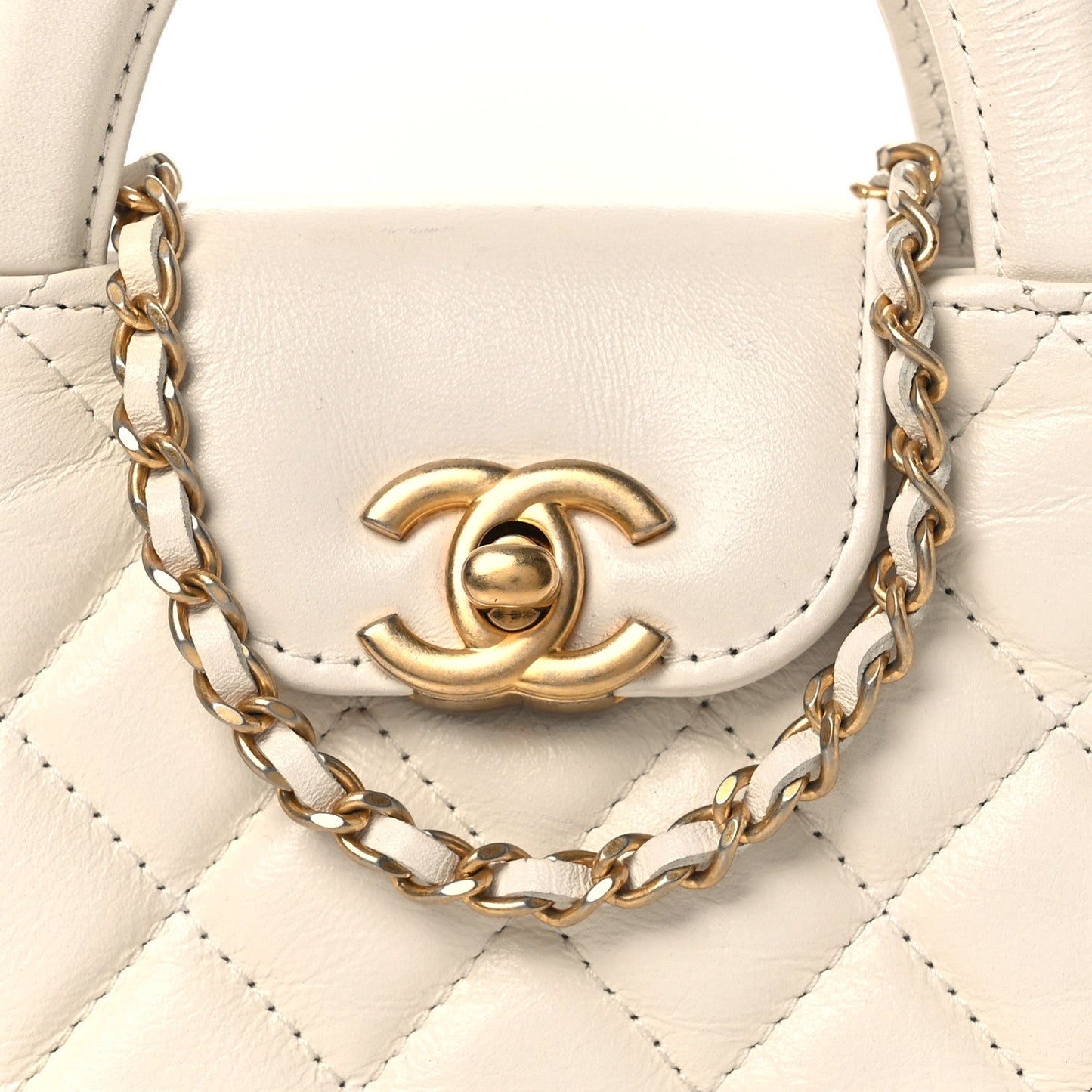 Shiny Aged Calfskin Quilted Mini Nano Kelly Shopper White