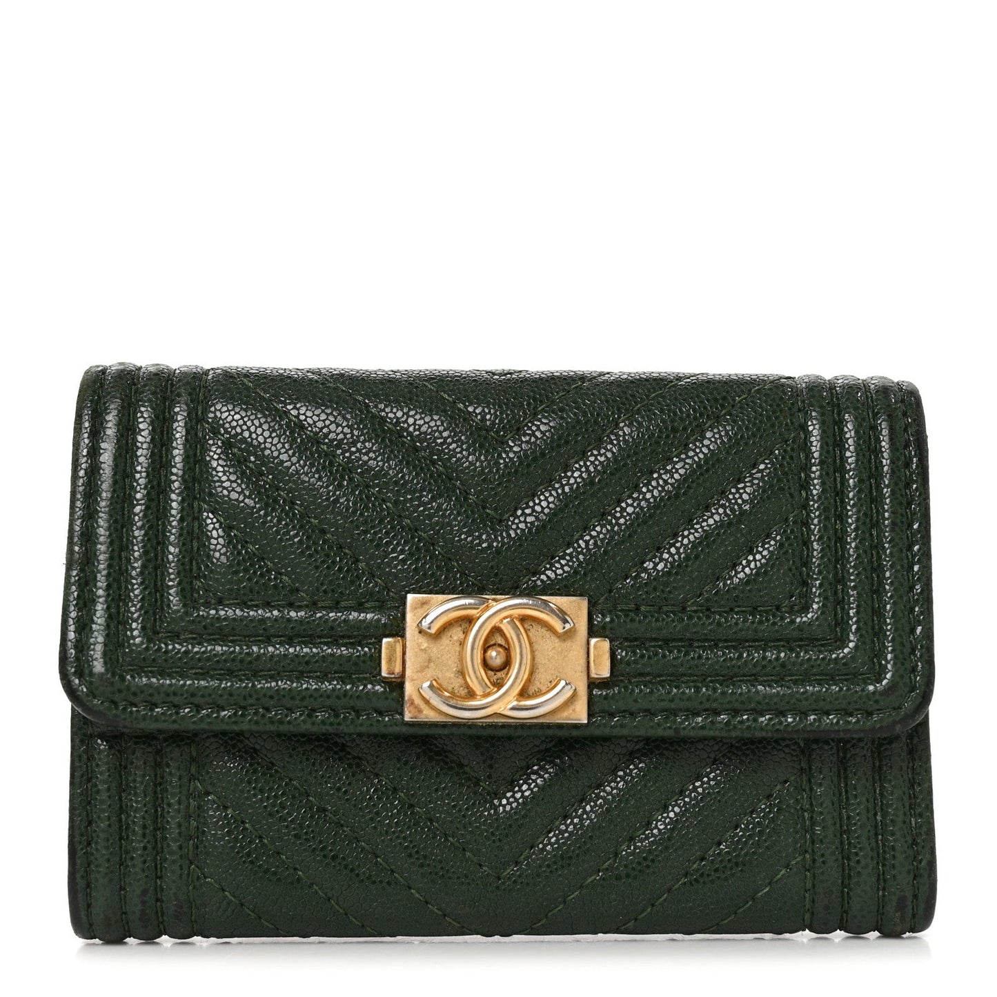 Caviar Chevron Quilted Boy Flap Card Holder Green