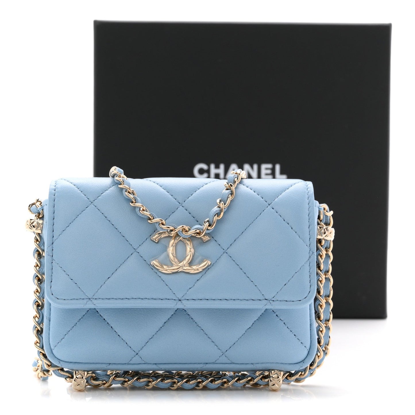 Lambskin Quilted Chain Around Coin Purse With Chain Light Blue