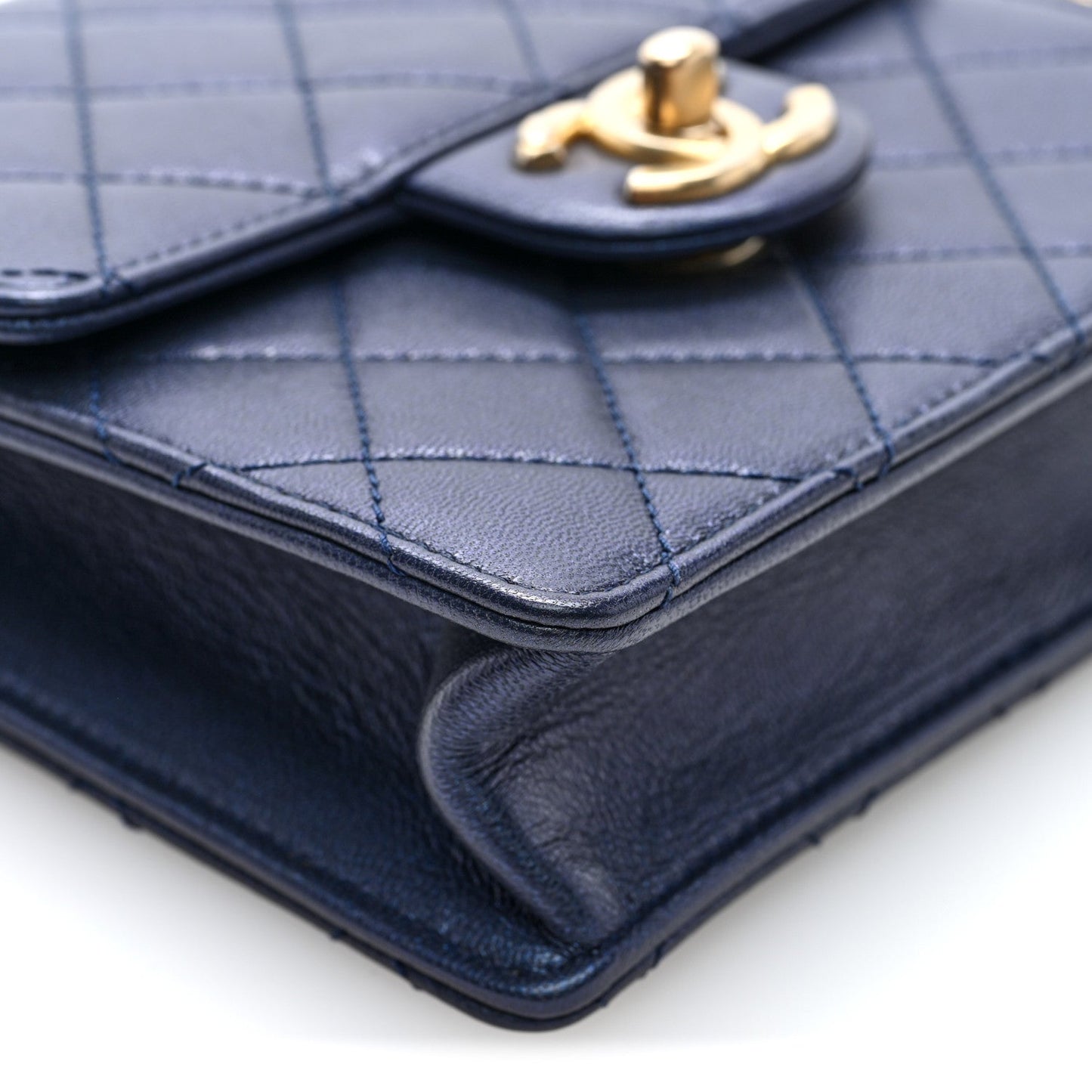 Iridescent Lambskin Quilted Chic Pearls Flap Navy Blue