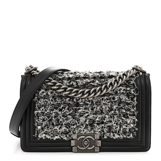 Tweed Calfskin Medium Boy Flap Black White