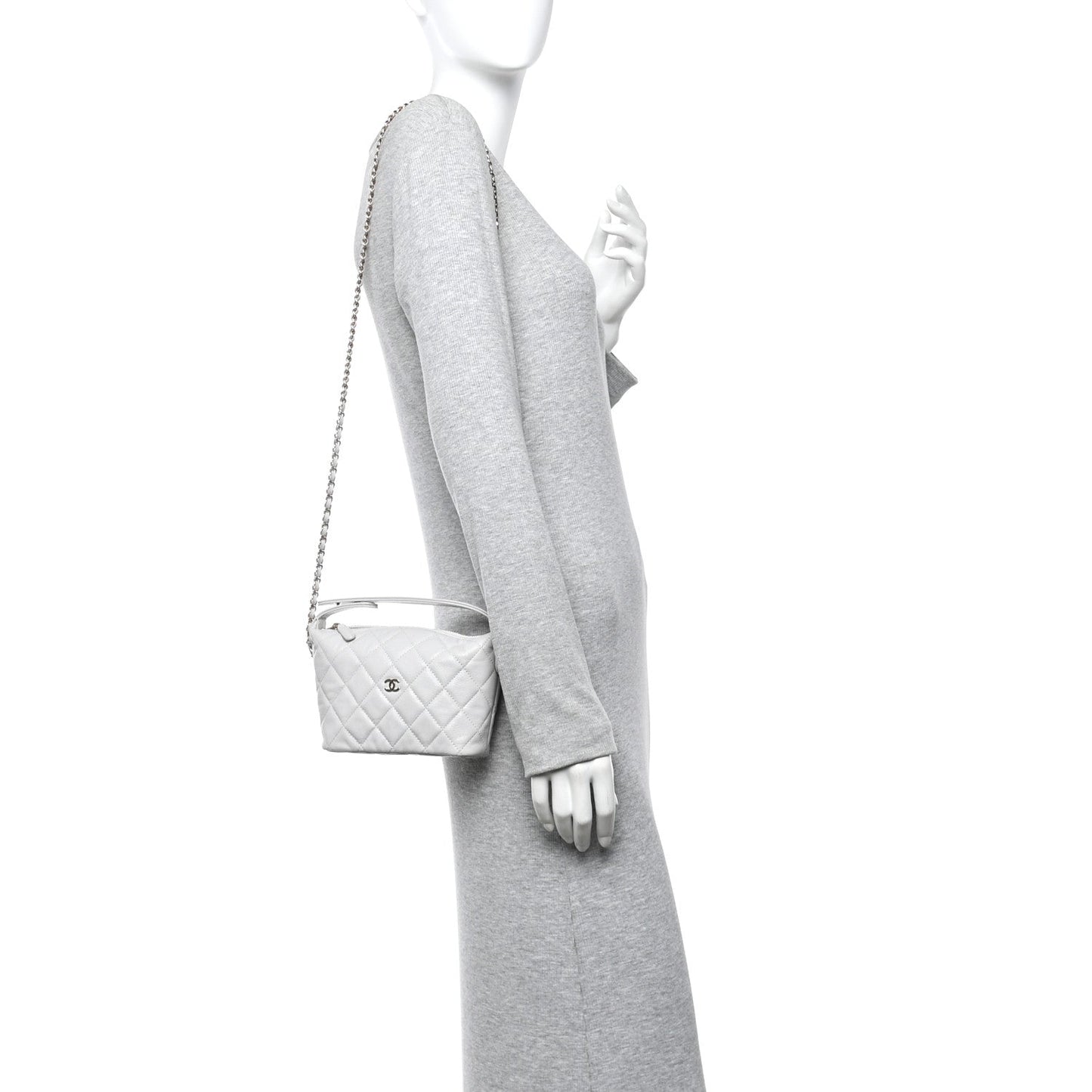 Shiny Caviar Quilted Hobo Clutch With Chain Light Grey