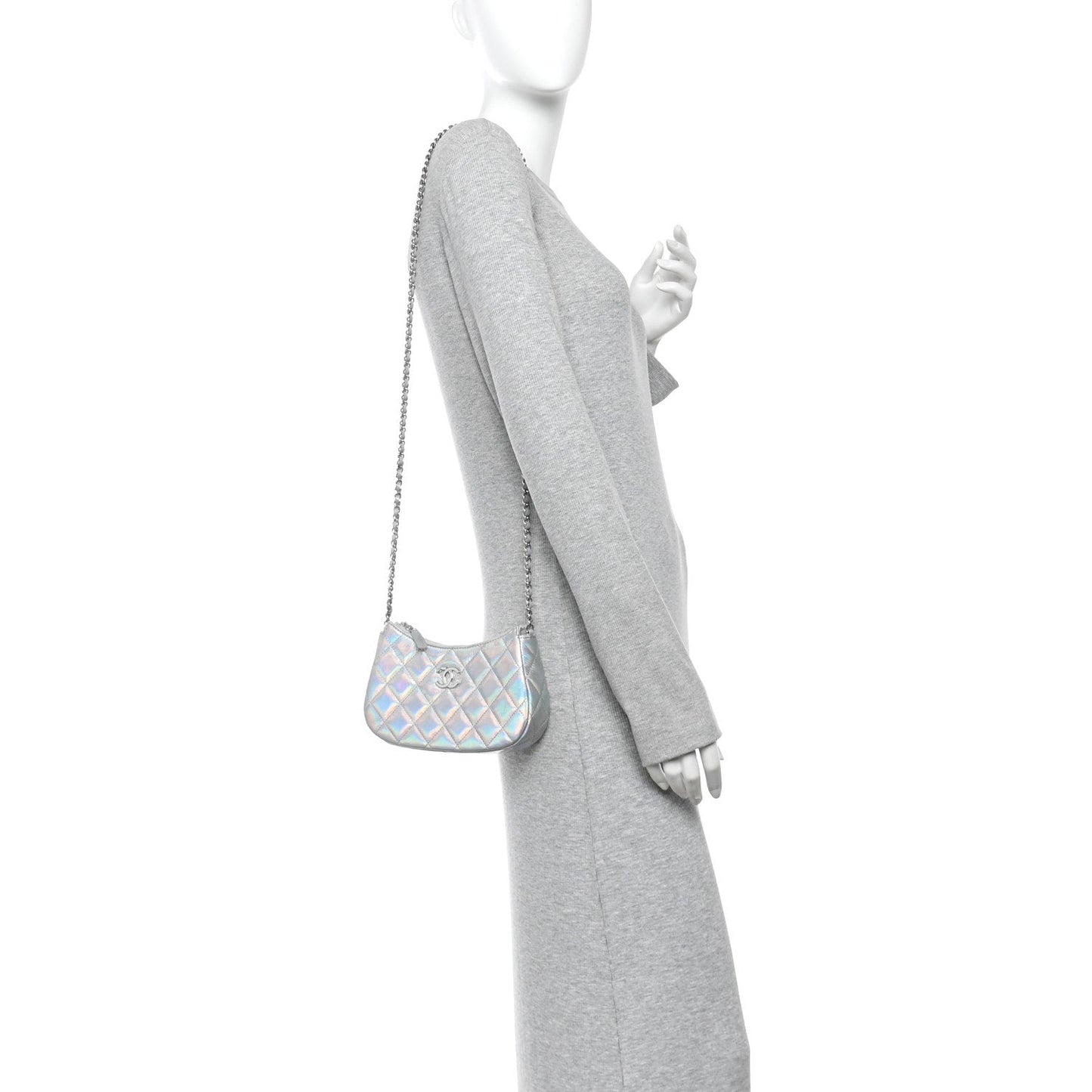 Iridescent Mirror Goatskin Quilted Clutch With Chain Silver
