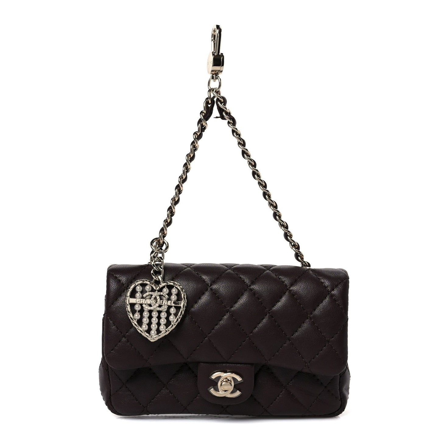 Lambskin Quilted Mini Flap Bag Charm With Hook Dark Brown