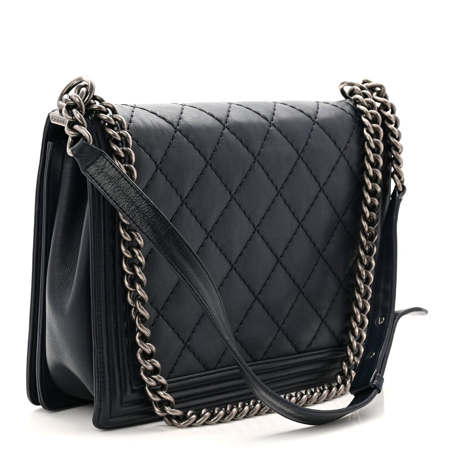Calfskin Double Stitch Large Boy Flap Navy Blue
