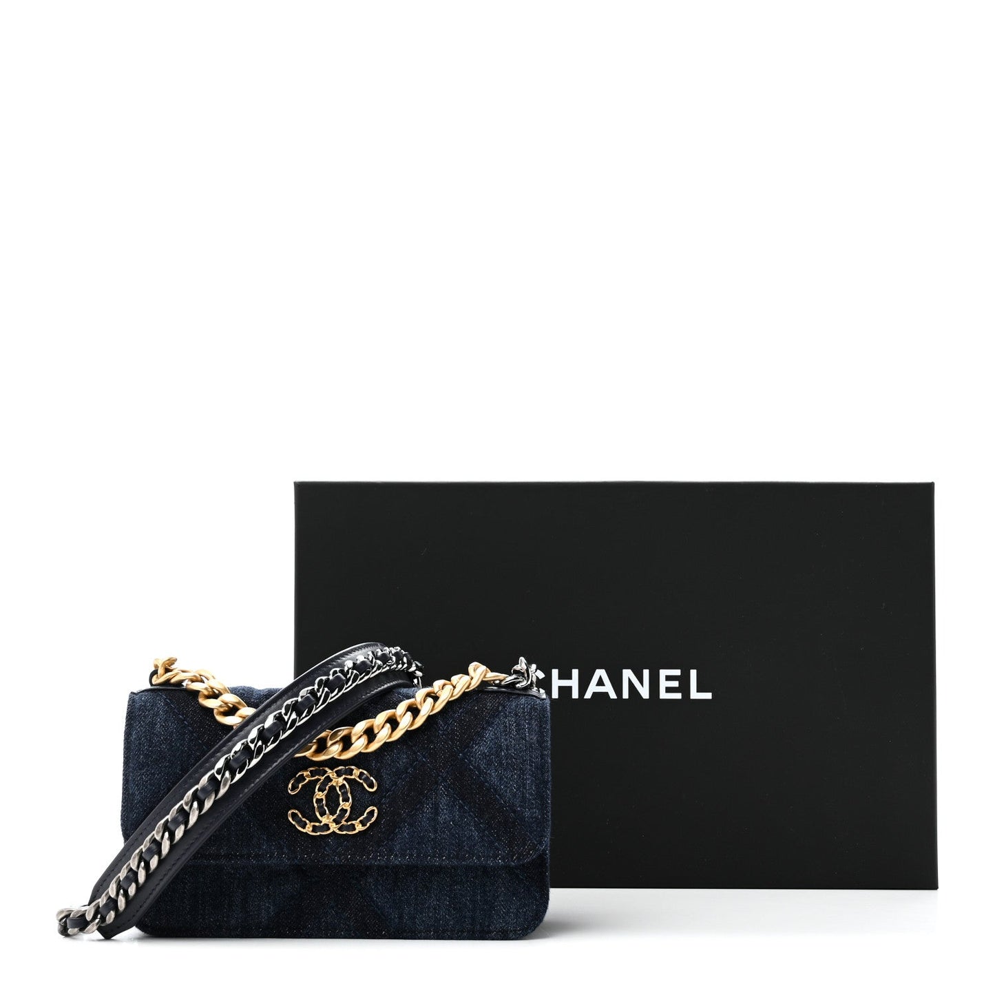 Denim Quilted Chanel 19 Flap Phone Holder With Chain Blue