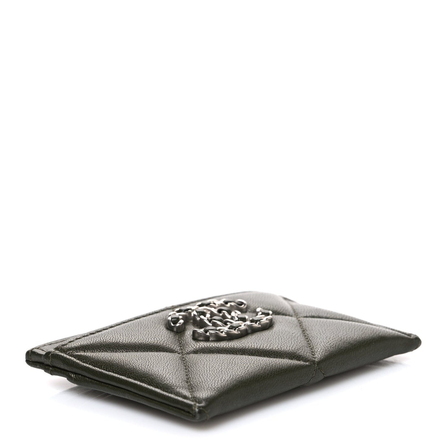 Lambskin Quilted Chanel 19 Card Holder Khaki