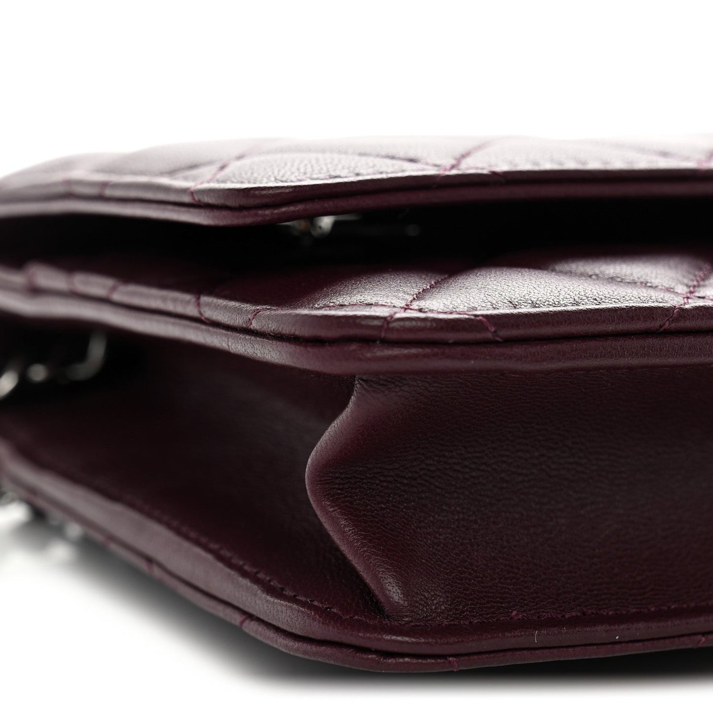 Lambskin Quilted Enamel CC Wallet On Chain WOC Burgundy