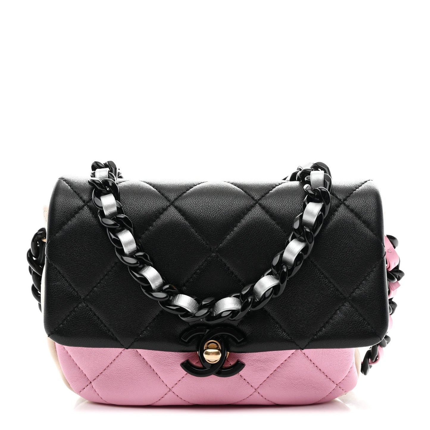 Lambskin Quilted Mini Lacquered Chain Flap Black Pink Beige Silver