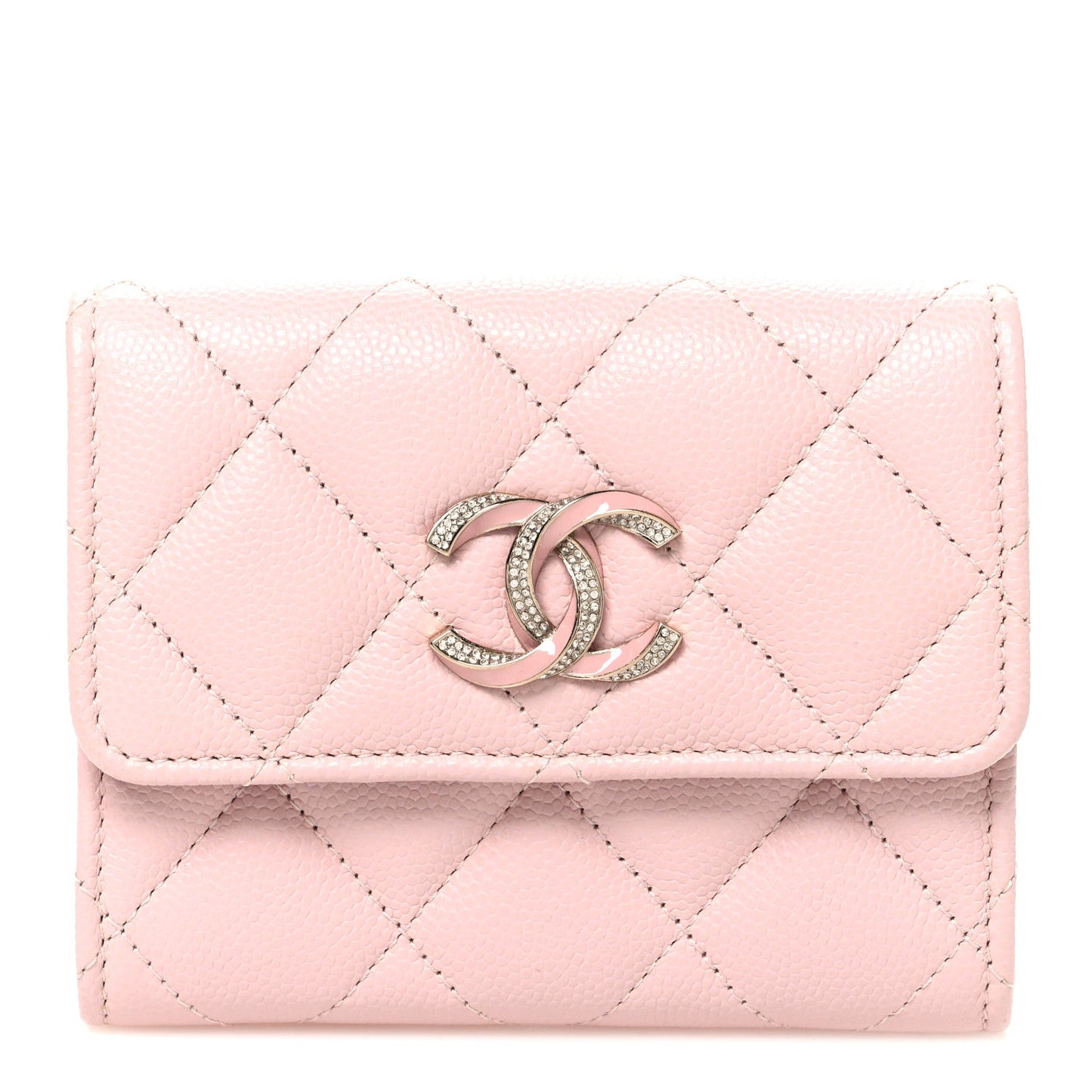 Caviar Quilted Crystal Enamel CC Flap Card Holder Pink