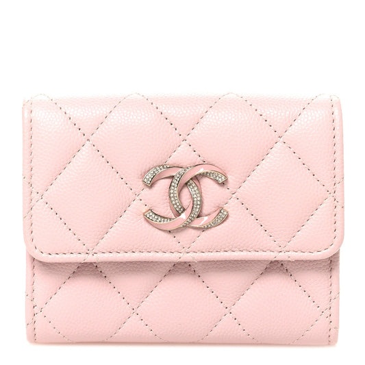 Caviar Quilted Crystal Enamel CC Flap Card Holder Pink