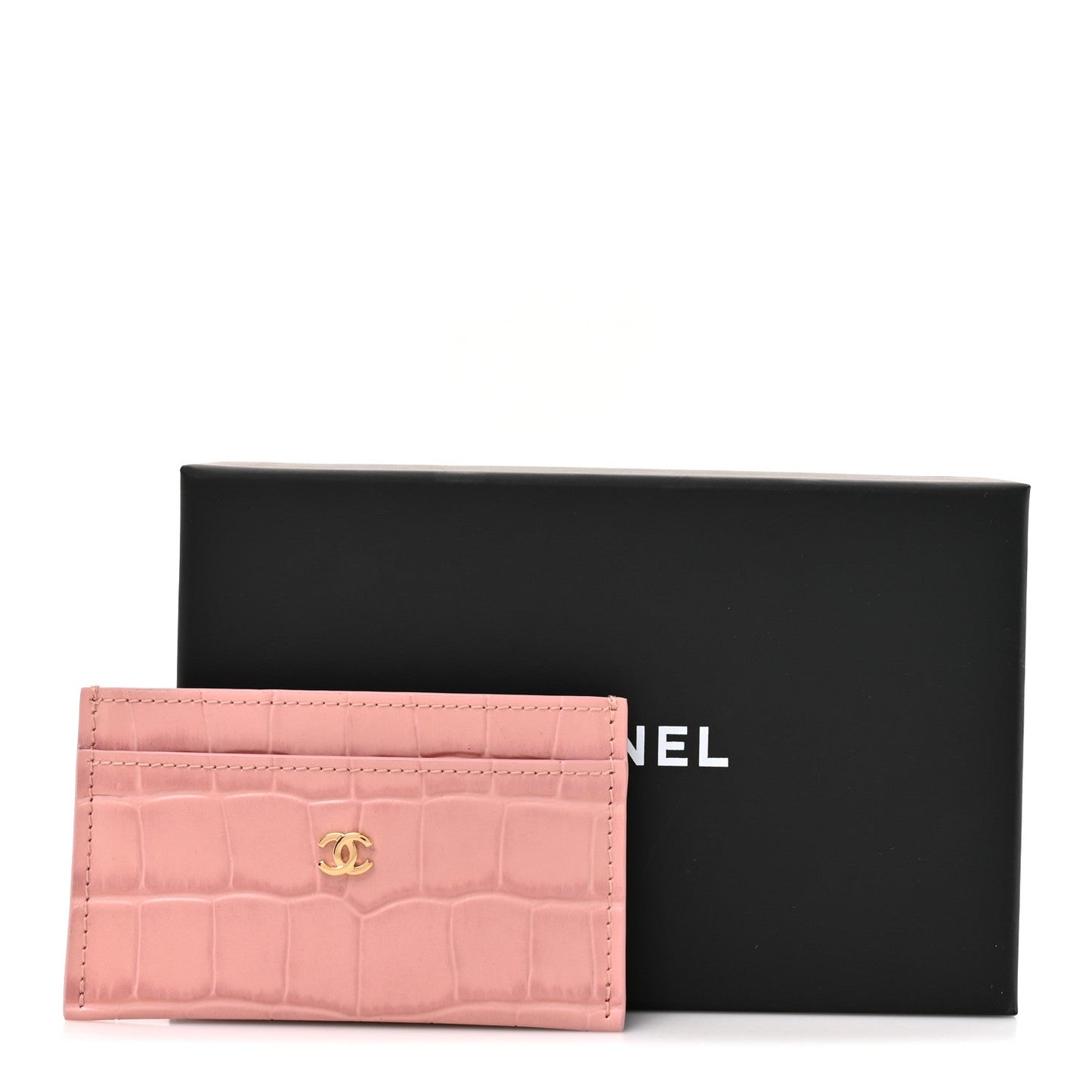 Calfskin Crocodile Embossed Crococo Card Holder Light Pink