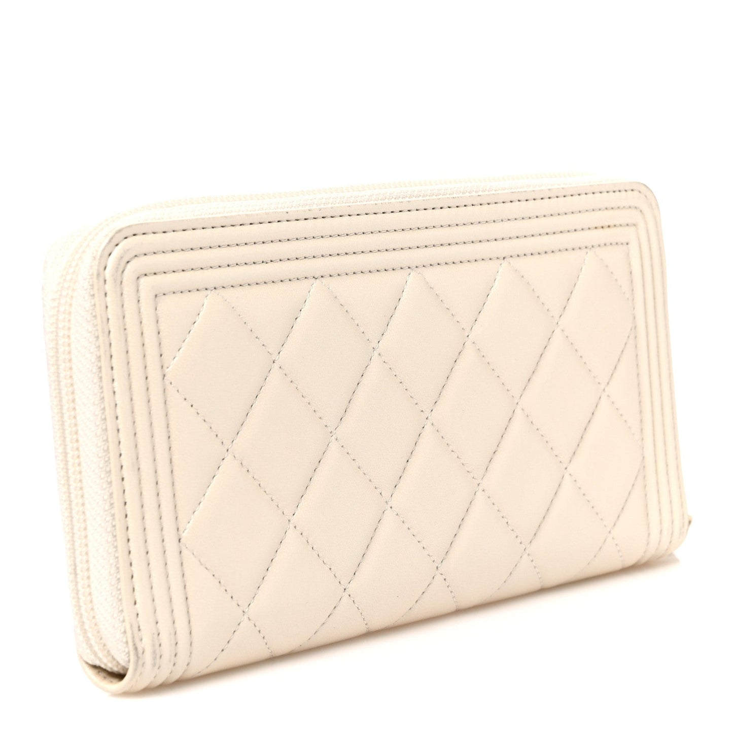 Metallic Lambskin Quilted Boy Zip Around Wallet  Ivory