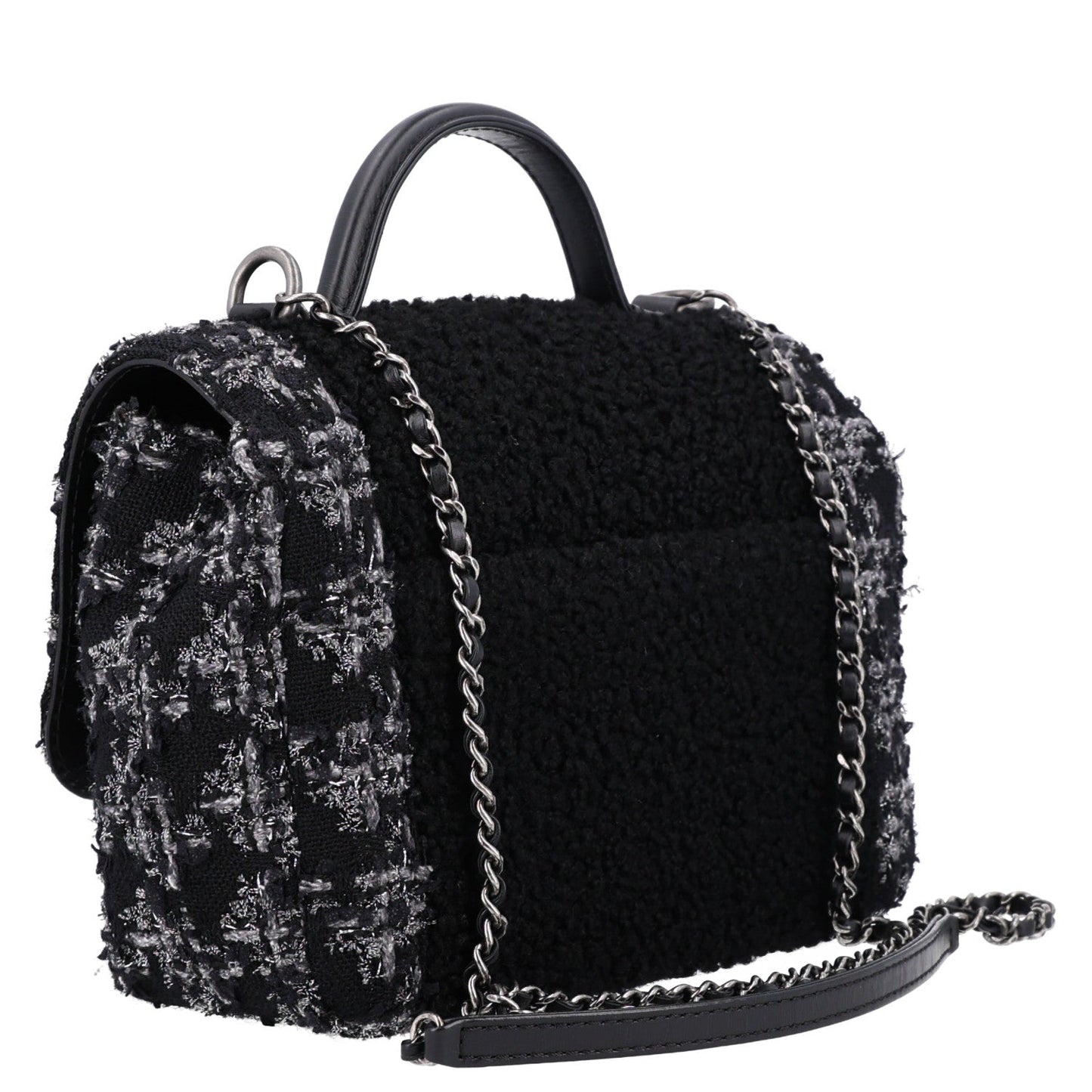 Shearling Tweed Medium Handle Boy Flap Black Grey