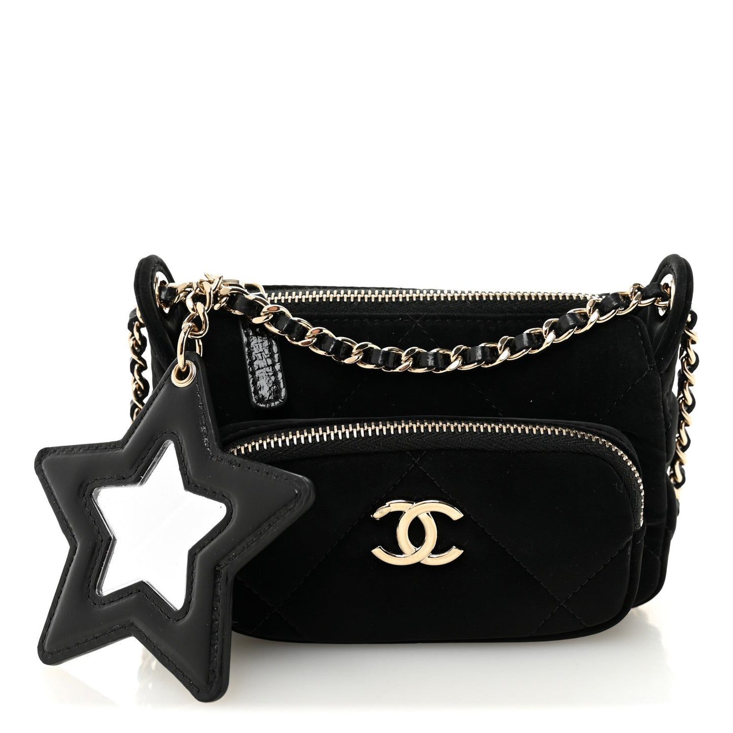 Velvet Effect Nylon Shiny Crumpled Calfskin Mini Quilted Chanel 25 Clutch With Chain Black