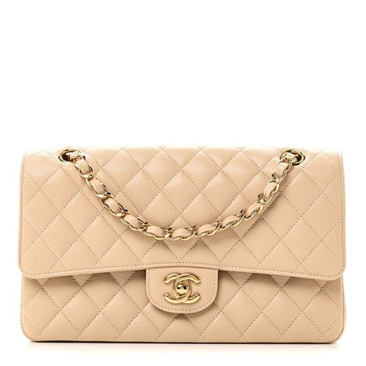 Caviar Quilted Medium Double Flap Beige