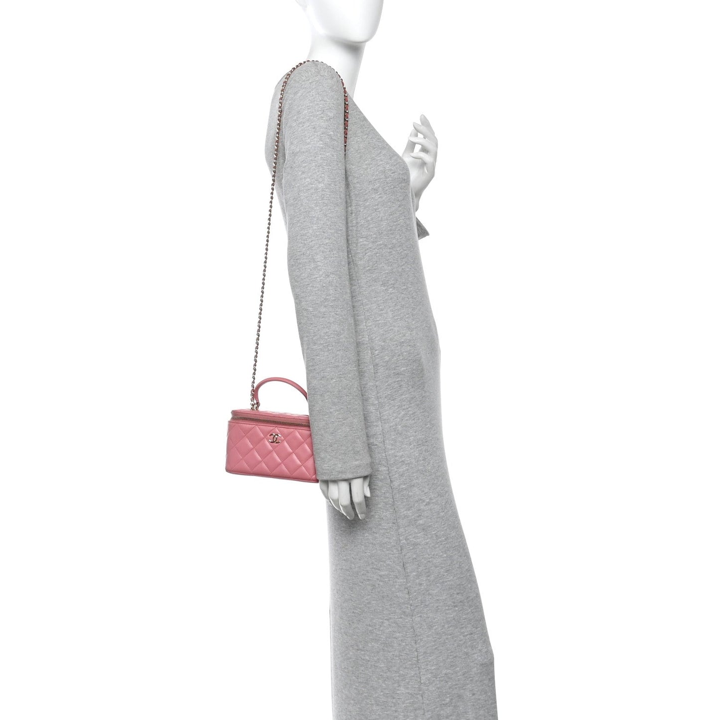 Lambskin Quilted Small Top Handle Vanity Case With Chain Pink