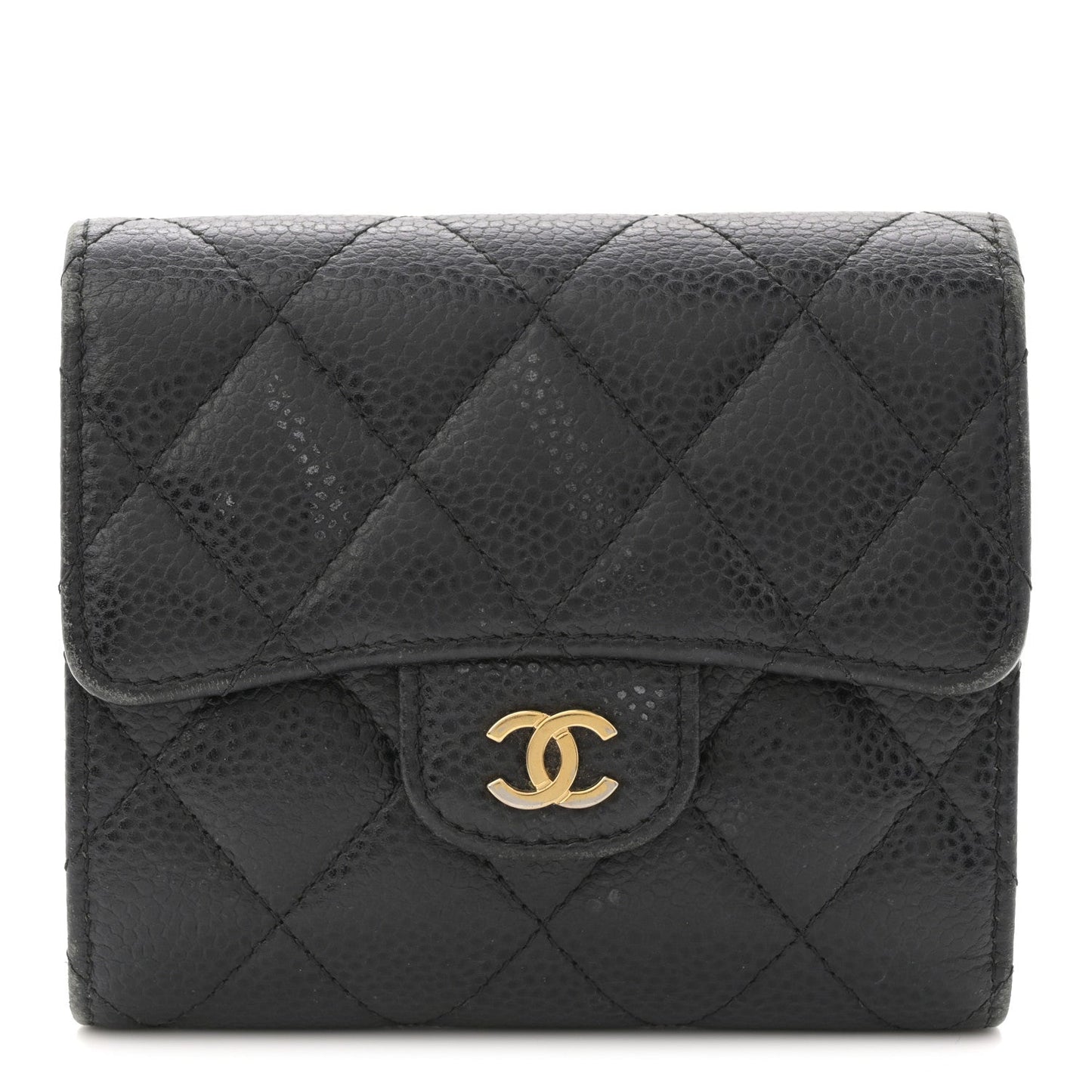 Caviar Quilted Tri-Fold Flap Wallet Black