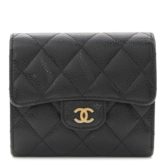 Caviar Quilted Tri-Fold Flap Wallet Black