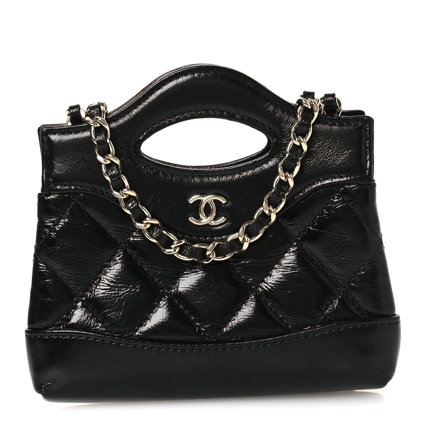 Shiny Lambskin Quilted Micro 31 Clutch With Chain Black