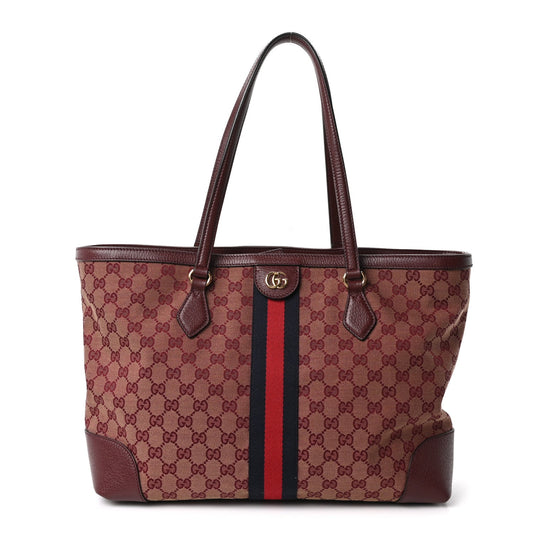Monogram Textured Dollar Calfskin Web Medium Ophidia Shopping Tote Sahara Rubino Chardonnay