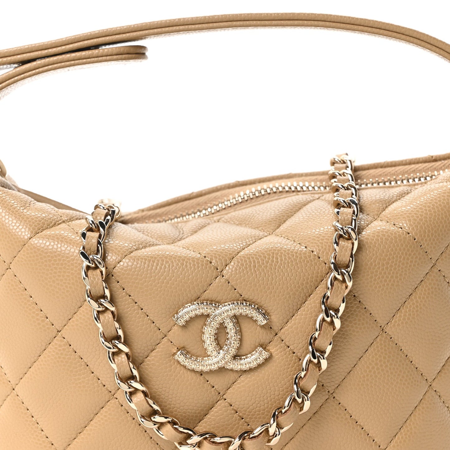 Caviar Quilted Hobo Clutch With Chain Dark Beige