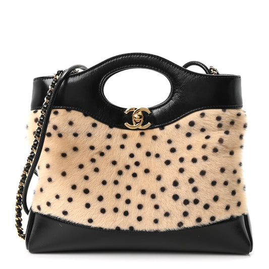 Shiny Lambskin Pony Hair Cheetah Printed Mini 31 Shopping Bag Light Beige Black