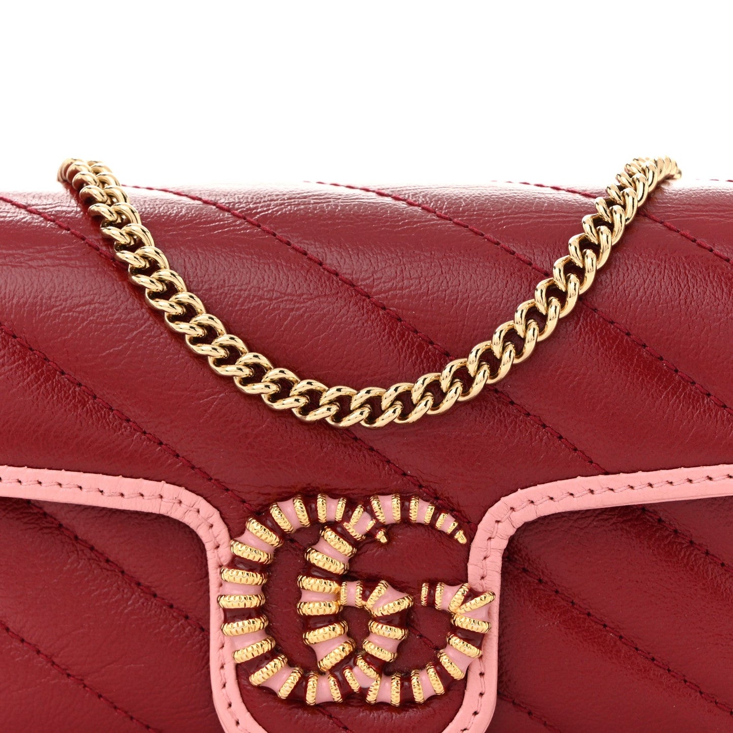 Azalea Calfskin Enamel Matelasse Diagonal Super Mini Torchon GG Marmont Shoulder Bag New Cherry Red Wild Rose