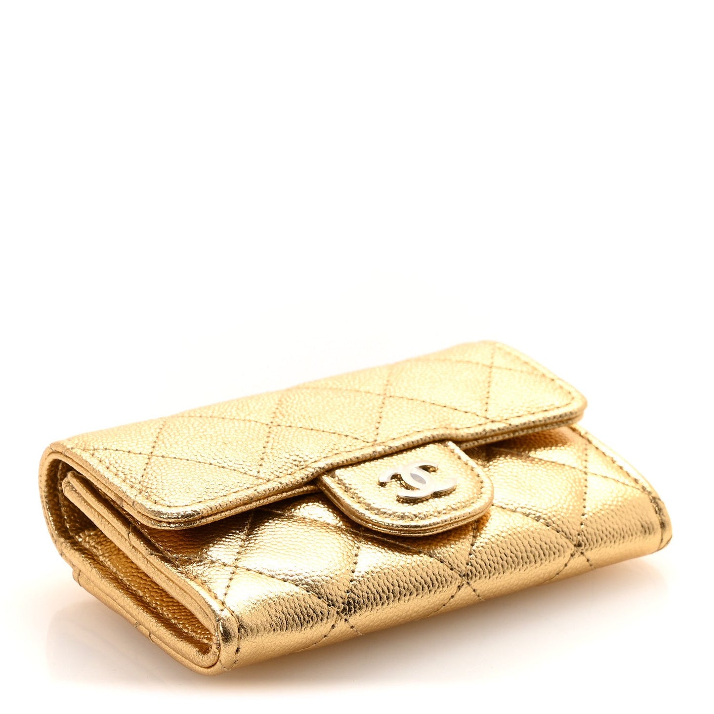 Metallic Caviar Quilted Flap Card Holder Wallet Gold