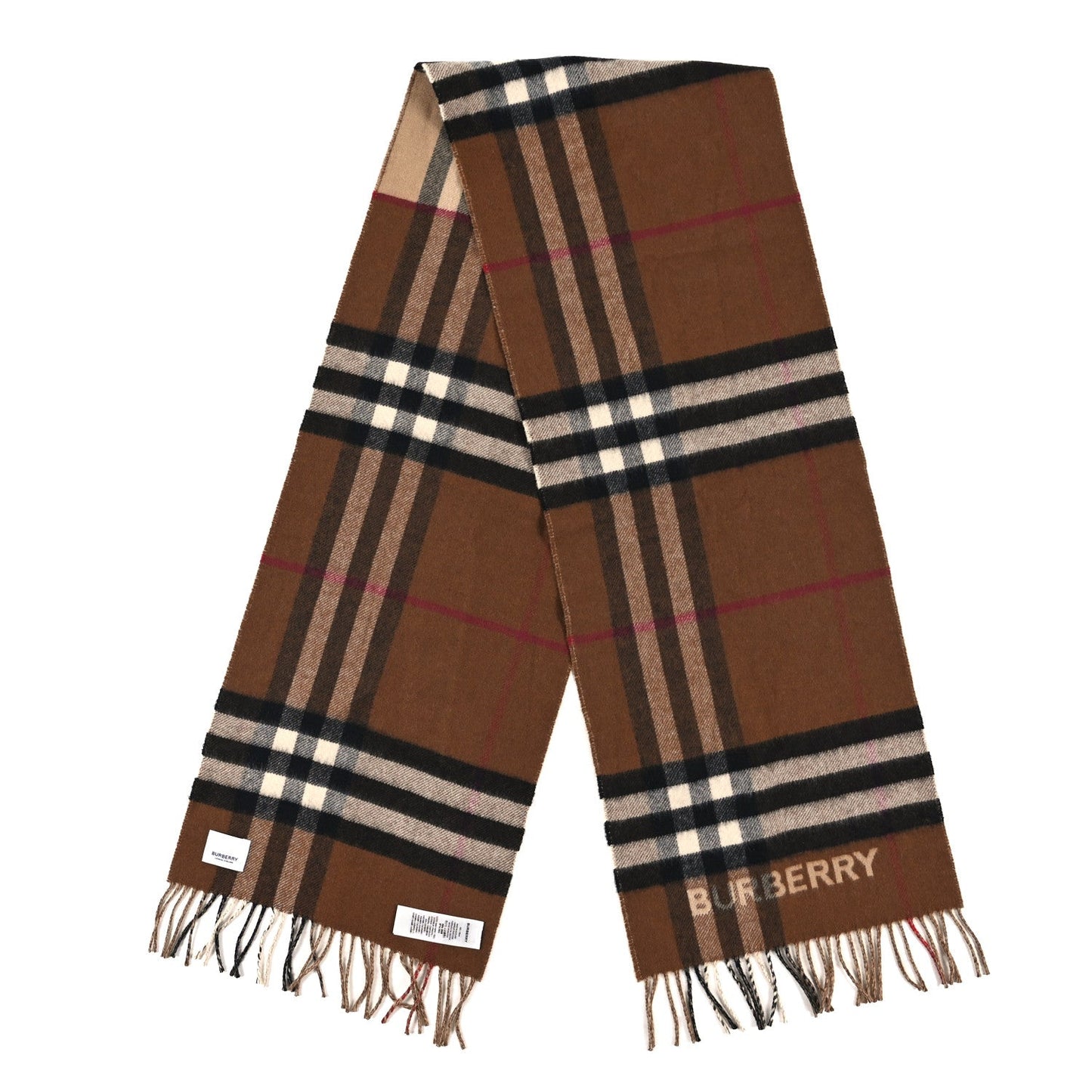 Wool Cashmere Vintage Check Fringe Scarf Dark Birch Brown