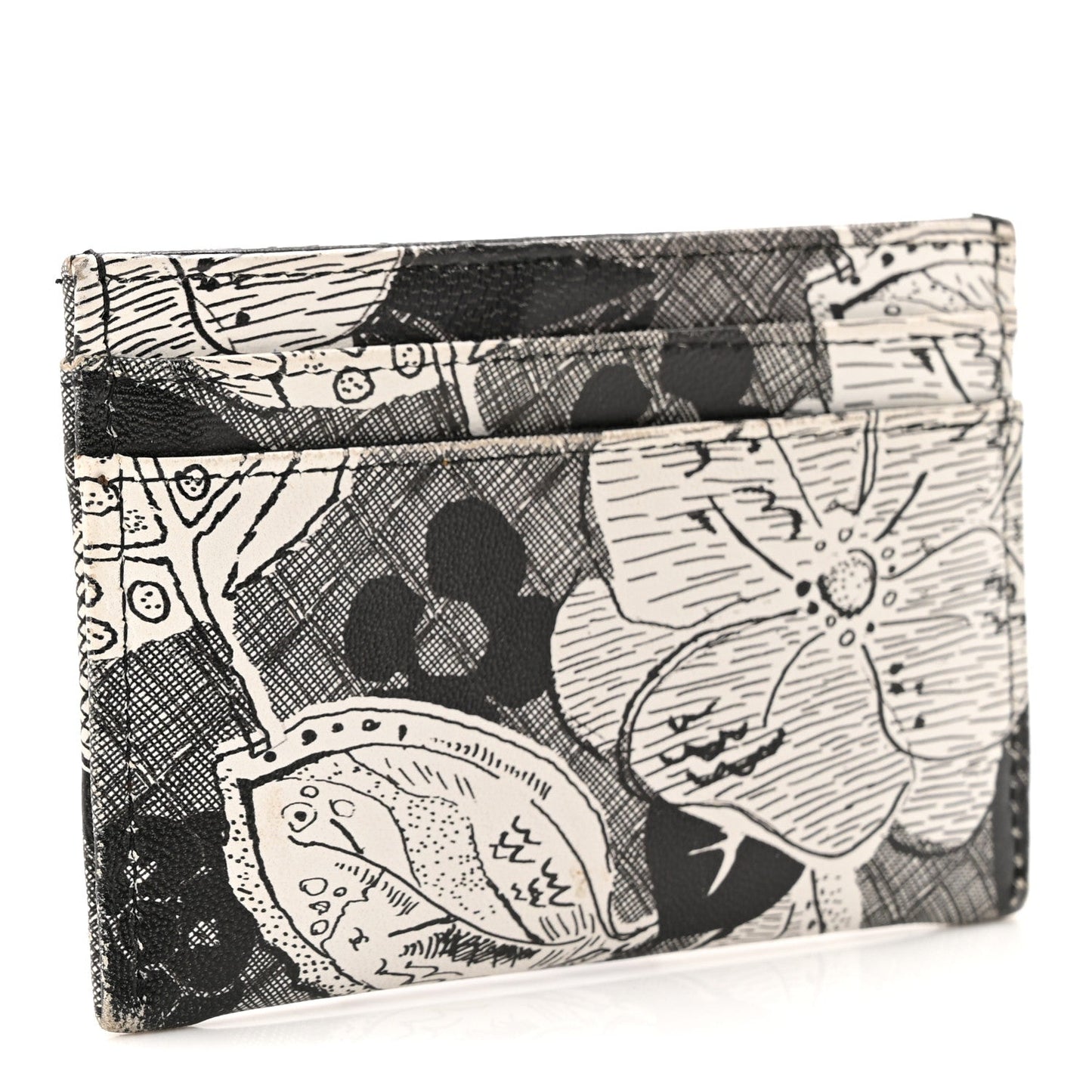 Coated Canvas Lambskin Quilted Camellia Card Holder Black White