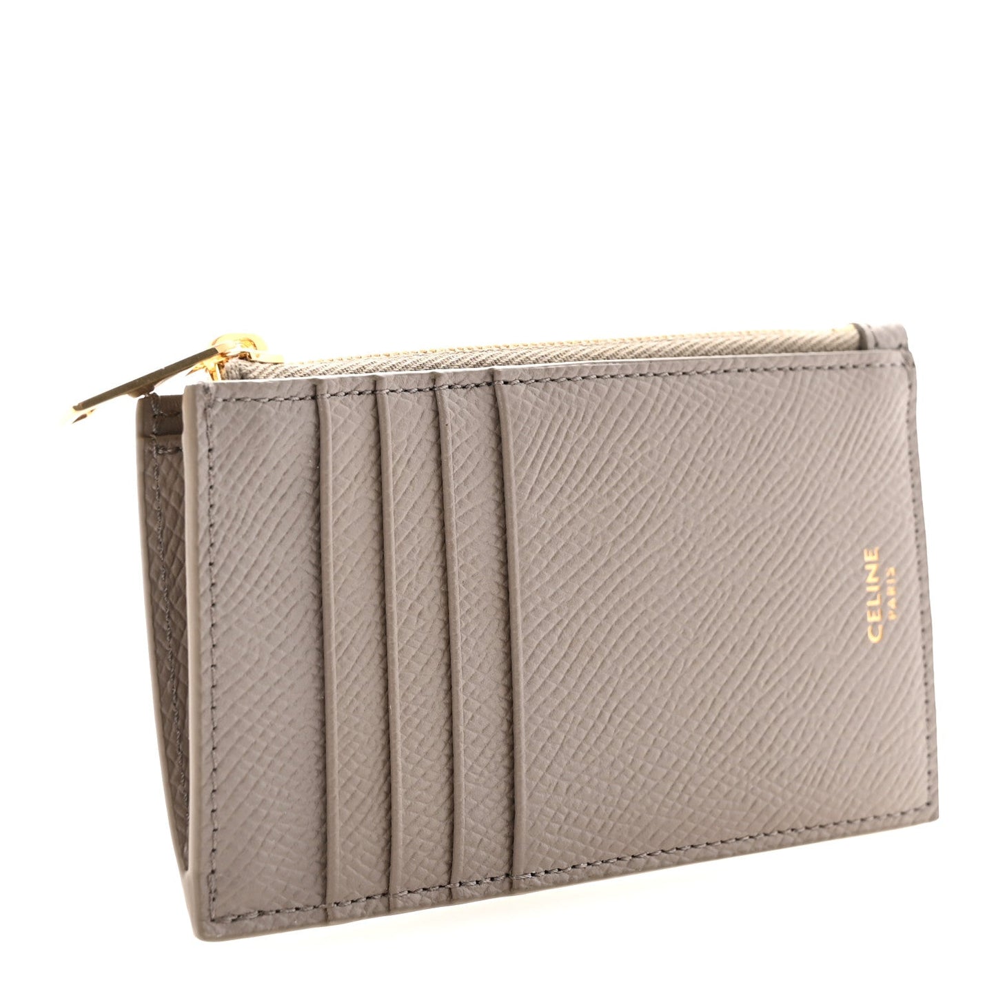 Grained Calfskin Zipped Card Holder Pebble