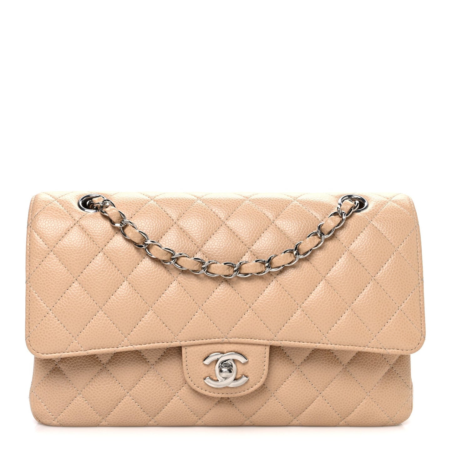 Caviar Quilted Medium Double Flap Beige