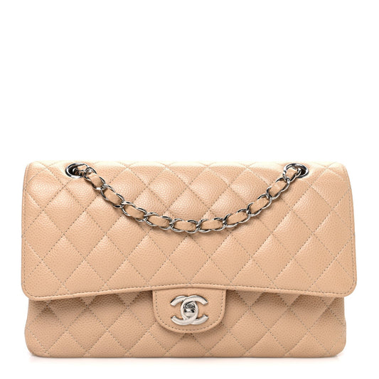 Caviar Quilted Medium Double Flap Beige