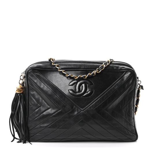 Lambskin Quilted CC Tassel Camera Case Black