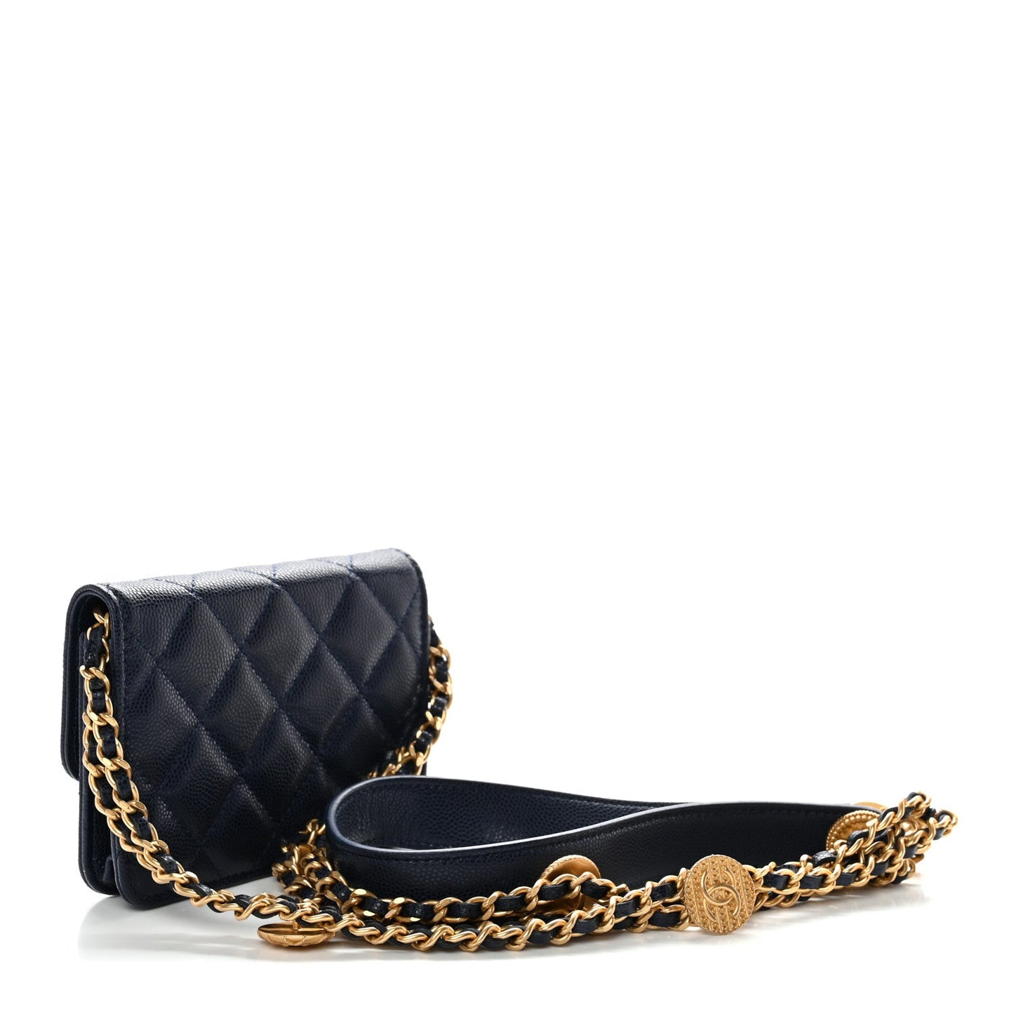 Caviar Quilted Twist Your Buttons Coin Purse With Chain Navy