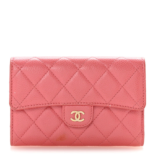 Metallic Caviar Quilted Medium Flap Wallet Pink